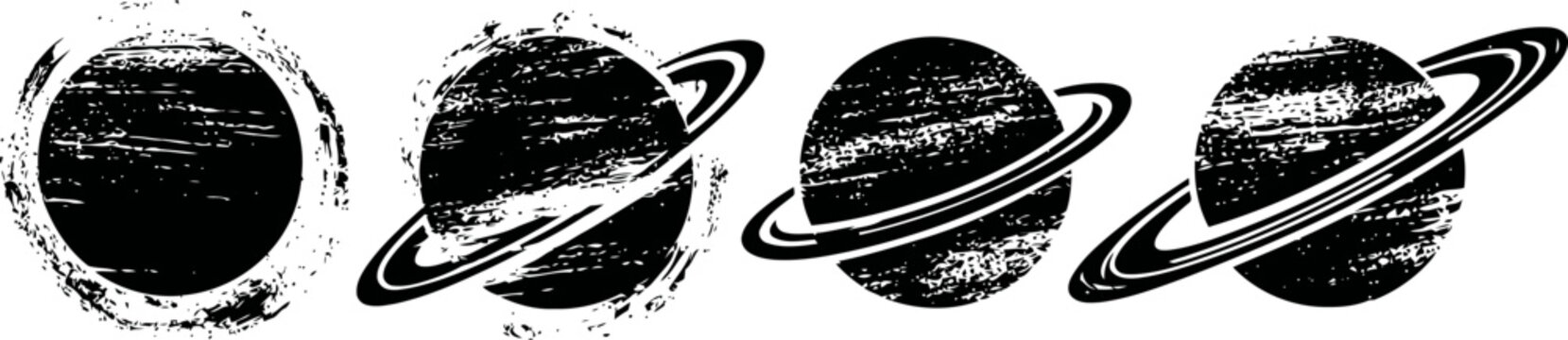 Vintage grunge illustrations of saturn planet with rings in black and white