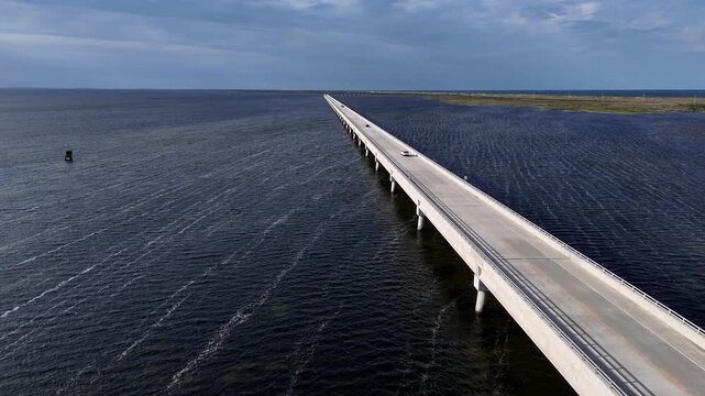 Aerial View of Rodanthe Bridge, Also Known as Jug Handle Bridge, Spanning Pamlico Sound Near Pea Island in the Outer Banks, North Carolina
