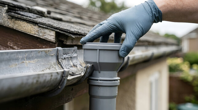 Residential gutter installation service | Repairing house downspouts | Home drainage system maintenance | Worker installing plastic guttering