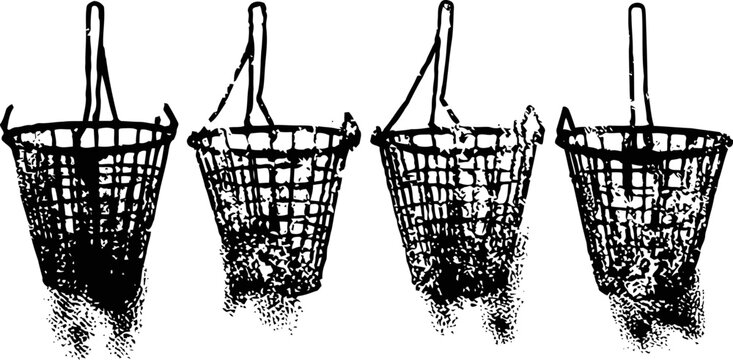 Traditional woven fish traps hanging in a row, handcrafted fishing baskets icon