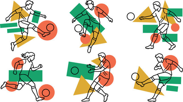 Vector linear illustration set of soccer players in dynamic action poses interacting with abstract geometric orange yellow and green shapes