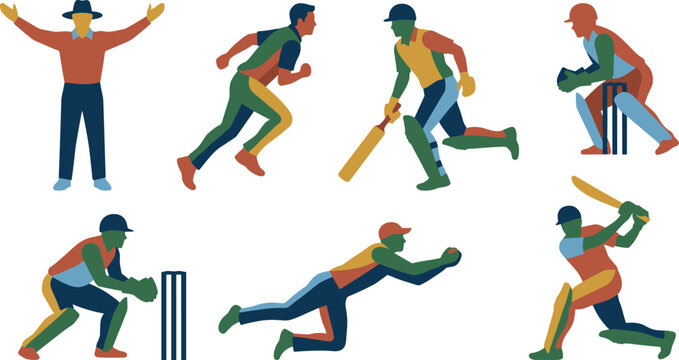 Vector flat multi colored illustration set featuring cricket players and umpire silhouettes in active sports poses with a retro palette design
