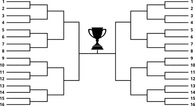 Black and white tournament bracket with trophy for sixteen teams