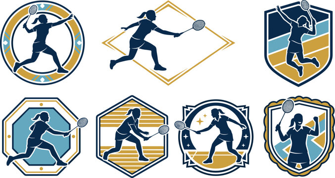 Vector sports emblem collection featuring female badminton player silhouettes inside retro geometric logo badges shields and labels with textured details