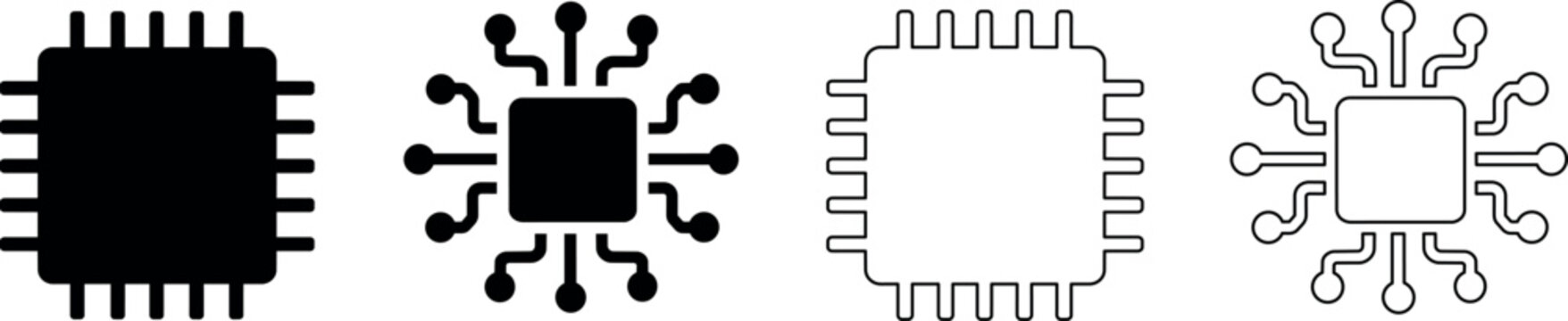 Set of four stylized microchip icons in black and white outlines and solid fills
