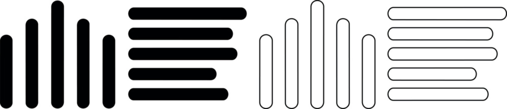 Set of audio waveform and text alignment icons in solid and outline styles
