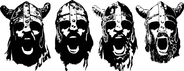 Fototapeta premium Viking warrior helmets with fierce shouting faces black ink illustration set
