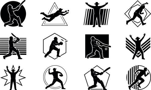 Vector minimalist black silhouette icon set featuring cricket players in geometric frames including batsman bowler fielder diving runner and umpire logos