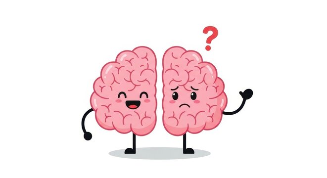 Confused pink brain cartoon characters with question mark