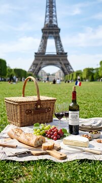 French picnic with wine and bread near Eiffel Tower.