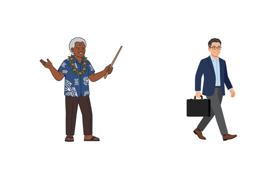 Elderly Hawaiian Man Gesturing Beside Professional Businessman Walking With Briefcase