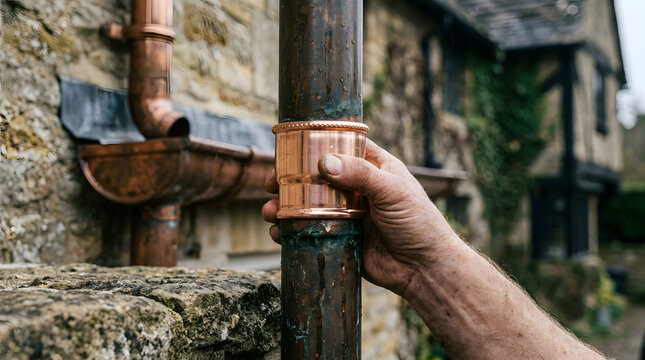 Installing copper guttering on stone house | Traditional plumbing and restoration | Worker hand repairing downpipe close up | Heritage building maintenance
