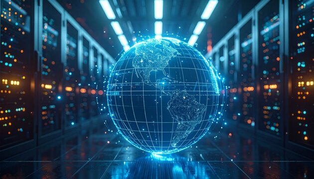 Blue binary code and fiber optic light network background representing global digital communication, internet technology, data flow, world map concept with glowing light spots