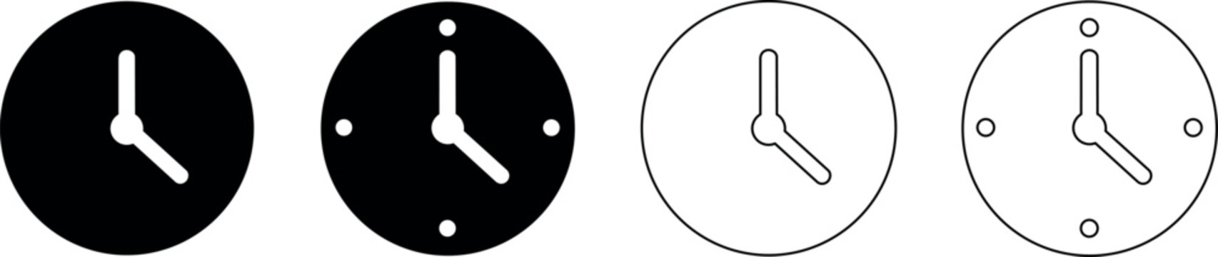 Set of four clock faces showing time in black and white outline styles