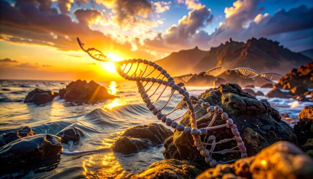 Abstract DNA helix bridge in sky at sunset with clouds over river, futuristic science and biotechnology concept of genetic molecule structure in nature landscape