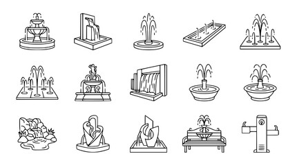 Black and White Fountain Icon Pack with Landscape Architecture and Water Feature Designs © Shohel
