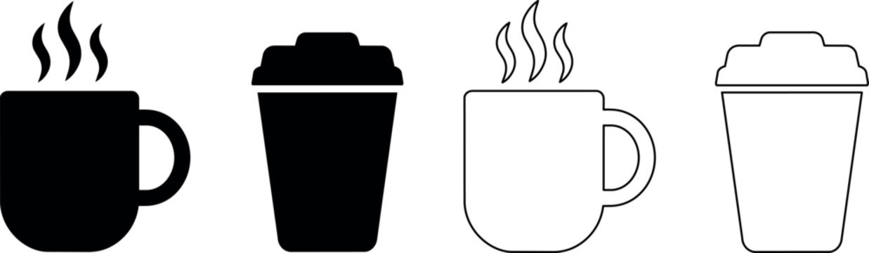Various coffee cup designs with steam and lids in different styles