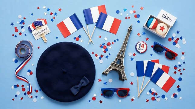 French themed accessories flat lay on blue background.