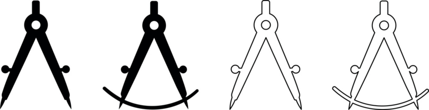 Set of geometric compasses in solid and outline styles for drawing circles