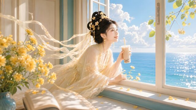 Generative AI relaxing Asian woman in ancient costume enjoying a drink by a sunny coastal window 