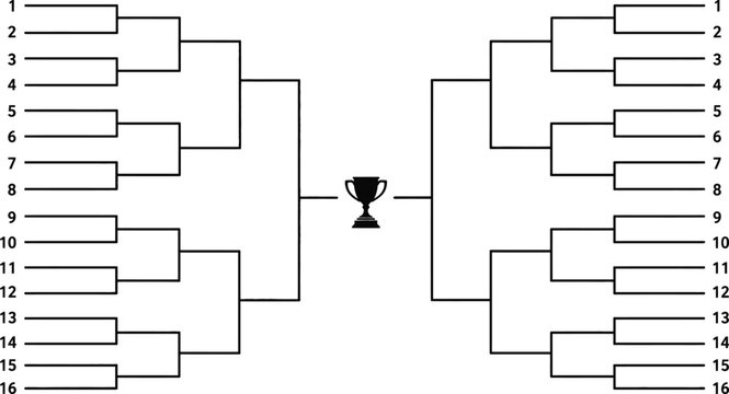 Blank tournament bracket template with trophy icon for sixteen teams