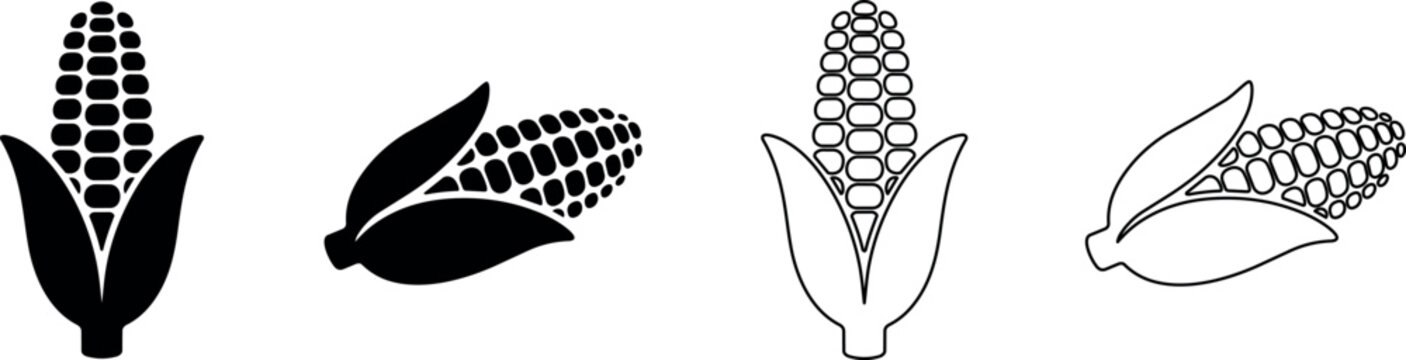 Collection of stylized corn cob graphics in black and white outlines and solid fills