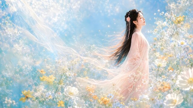 Generative AI serene Asian woman in pink dress with eyes closed enjoying warm sunlight in a soft spring wildflower meadow
