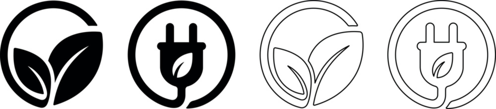 Set of eco-friendly energy symbols with leaves and power plugs