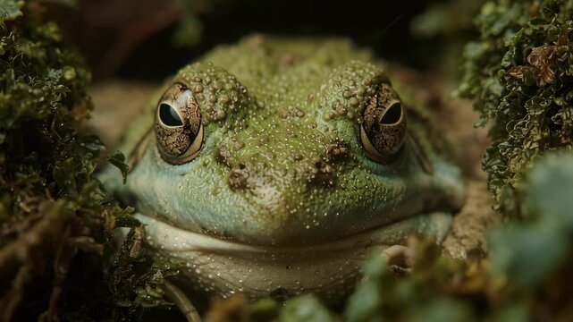 Macro close-up of a green frog opening its eyes in natural forest habitat