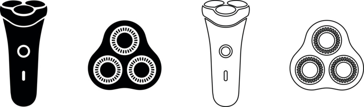 Set of rotary shaver heads and full electric razor outlines and solid fills