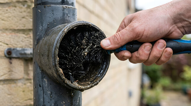 cleaning gutter downpipe with brush | home maintenance and gutter repair | clearing clogged drain pipe blockage | professional gutter cleaning service