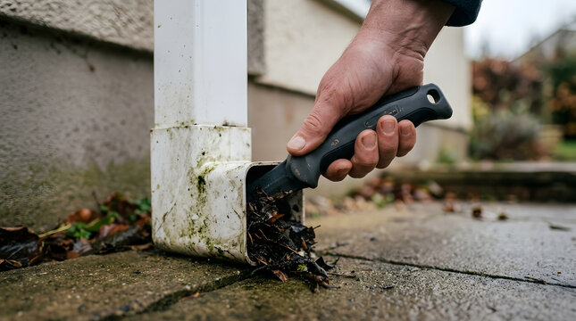 cleaning clogged gutter downspout | home maintenance seasonal leaf removal | clearing debris from drainage pipe tool | hand pressing gutter cleaning tool