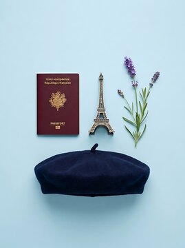 French travel flat lay with passport and beret.