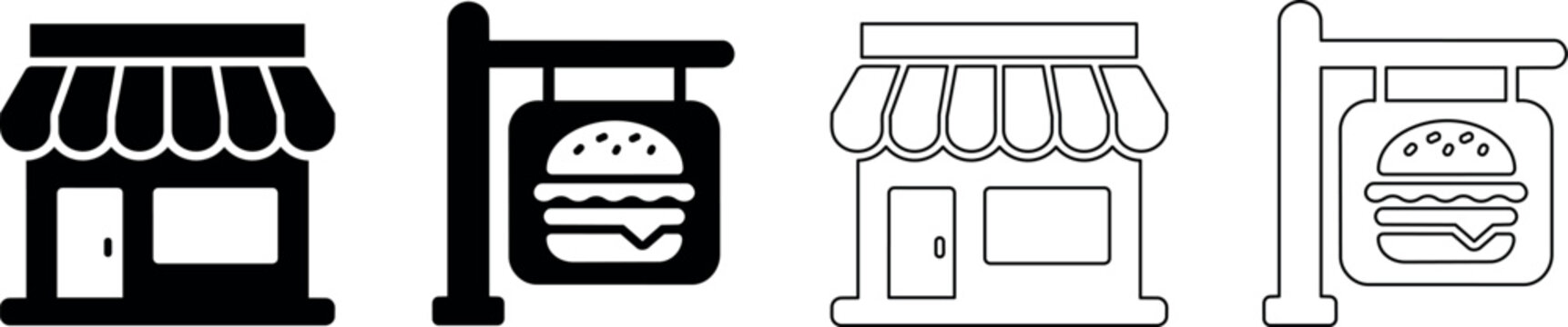 Collection of stylized shop and burger sign graphics in solid and outline styles