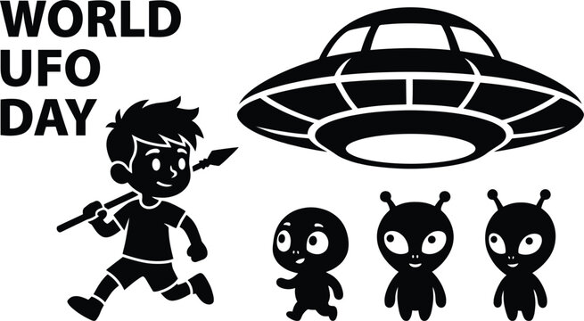 U f o day featuring a boy holding a spear running toward three small extraterrestrial aliens under a hovering flying saucer spaceship in a black and white stencil style