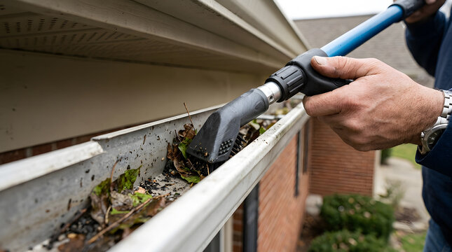 Professional gutter cleaning tool in use | Removing wet leaves from roof gutters | Home maintenance telescopic gutter wand | Seasonal rain gutter debris removal service