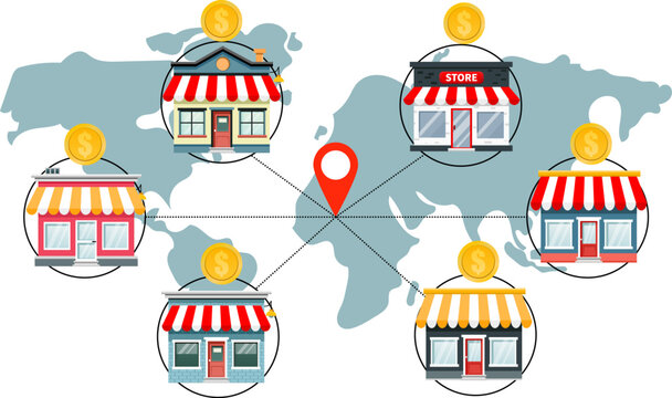 Franchise business concept with multiple store locations connected by central map marker, symbolizing expansion and financial growth in retail industry