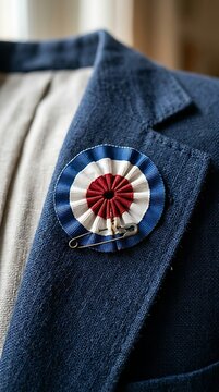 French tricolor cockade pinned on a blue blazer lapel.
