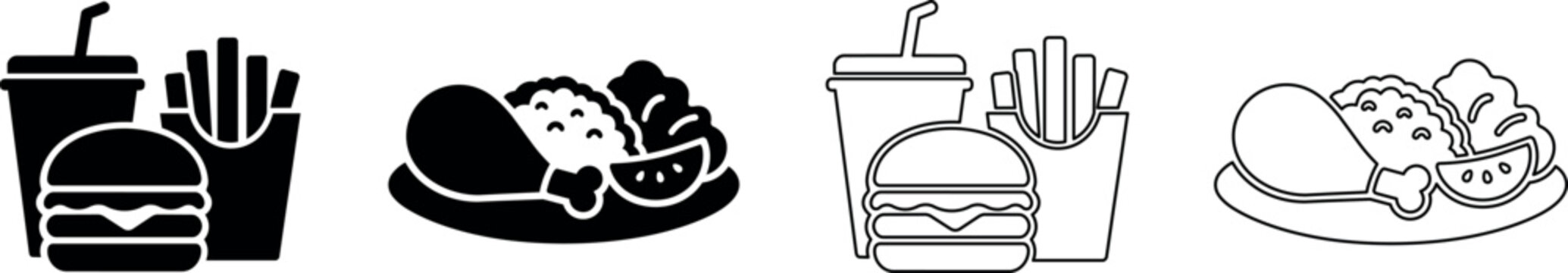 Collection of fast food meal icons including burger, fries, drink, and chicken dish