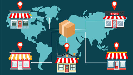 Package delivery concept with store location markers on world map, showing distribution network and logistics for shipping goods worldwide © Sudarat