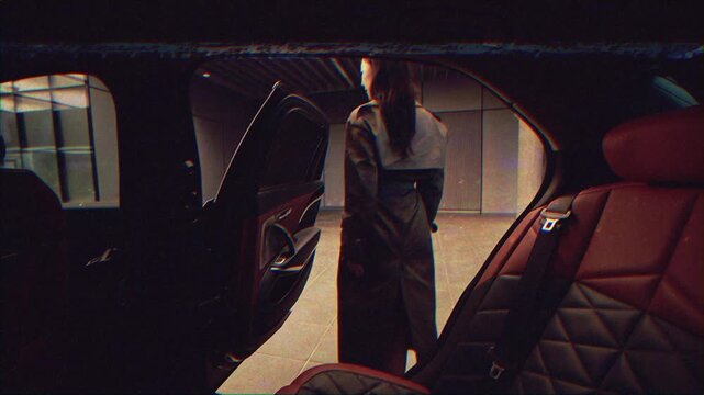 Woman exiting luxury car at night, soft interior lighting and quilted leather seats, hand on door handle and poised step onto city