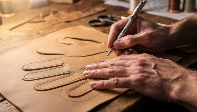 Craftsman carefully tracing glove pattern outlines on soft leather with marking tools focusing on finger contours during design.