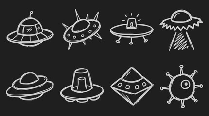 Eight hand-drawn flying saucers in white outline on a black background, a collection of cartoon UFO doodles © !jungkirbaliʞ