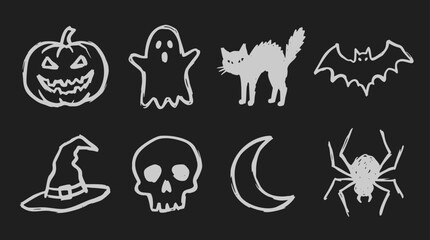 Fototapeta premium Halloween icons including pumpkin, ghost, cat, bat, hat, skull, moon, spider on black