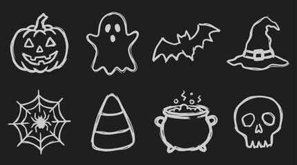 Eight hand-drawn Halloween doodle icons including a jack-o'-lantern, ghost, and witch hat in white chalk style on a black background © !jungkirbaliʞ