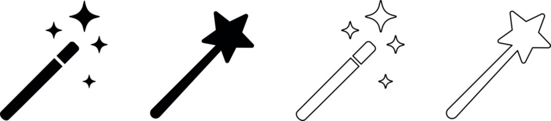 Set of magic wand graphics with stars and sparkles in solid and outline styles © Santiago