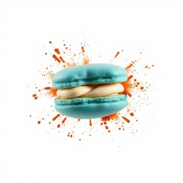 Blue macaron dessert, cream filling, orange splatter effect. Sweet treat isolated, studio lighting, vibrant colors. Delicious confection.