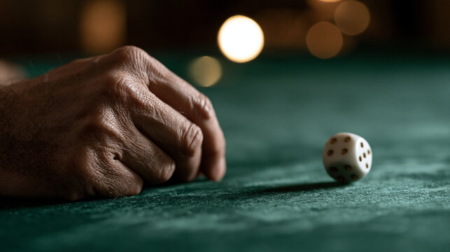 Weathered male hand rests on casino table beside single tumbling dice in harsh overhead spotlight, tension evident in rigid knuckles, suggesting high-stakes business risk, investment decision-making