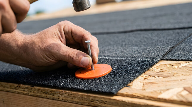 Professional roofing installation with shingles | Close up of roofer hand holding cap nail | Residential roof repair construction process | Installing asphalt shingles on plywood deck