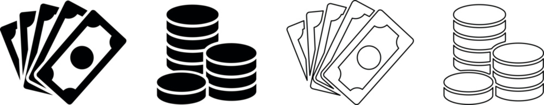 Collection of money icons showing banknotes and stacks of coins